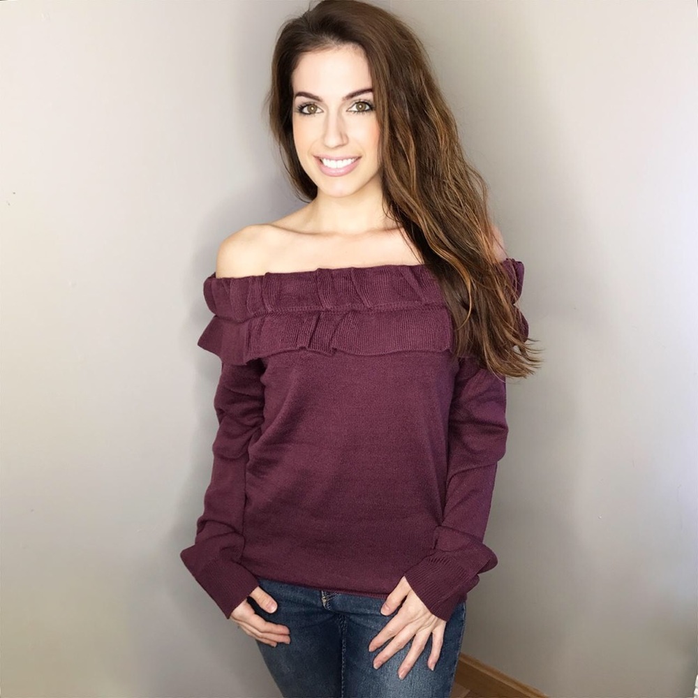 LAST 1- Eggplant off shoulder sweater - Picture 4 of 5